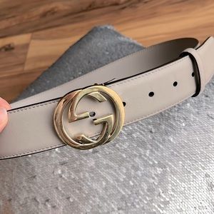 Gucci Storm Grey Leather Interlocking GG Buckle 80/32 Belt